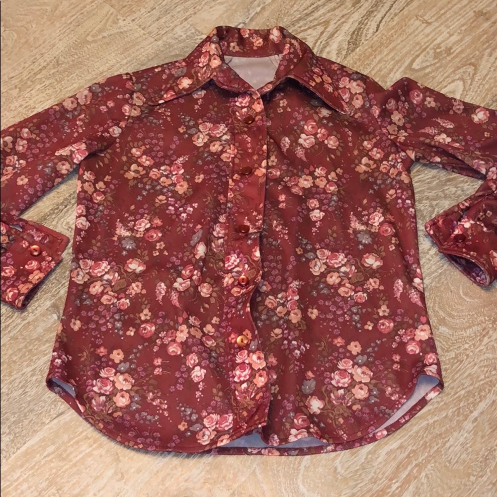 Vintage red floral polyester top button down small